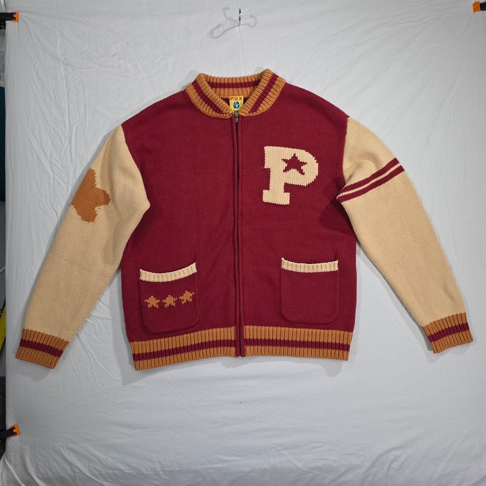 P.U.K. Varsity Letterman Zip Cardigan Sweater XL Red Cream Knit Streetwear Y2K
